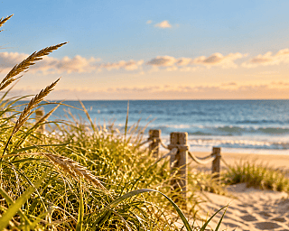 Sonnenuntergang am Strand mit Dünengras und Pfosten mit Seilen im Vordergrund