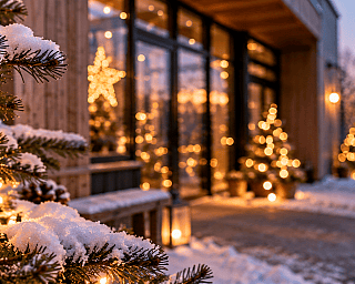 Schneebedeckter Weihnachtsbaum mit hölzernem Stern und Lichterketten vor einem Haus im Winter