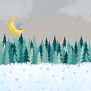 Illustration eines schneebedeckten Waldes mit fallendem Schnee und gelbem Mond am Himmel