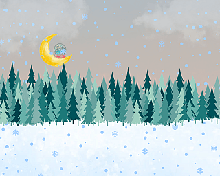Illustration eines verschneiten Waldes mit fallendem Schnee und gelbem Mond