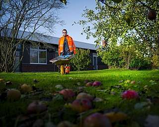 Mann in orangener Arbeitskleidung schiebt Schubkarre in Garten mit Fallobst