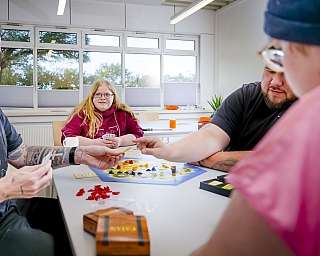 Vier Personen spielen gemeinsam ein Brettspiel in einem hellen Raum mit Fenstern