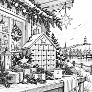 Adventskalender, Geschenke, Tasse und Dekoration vor verschneitem Hafen und Häusern