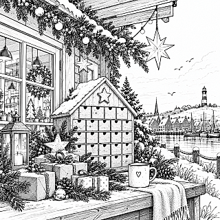 Adventskalender, Geschenke, Tasse und Dekoration vor verschneitem Hafen und Häusern