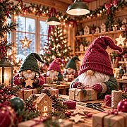 Weihnachtswichtel mit großen Mützen verpacken Geschenke im festlich beleuchteten Raum