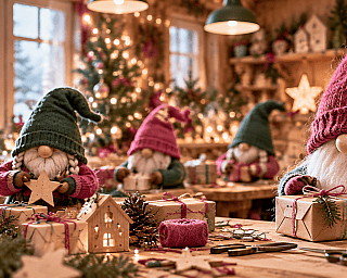 Wichtel mit roten und grünen Mützen basteln Geschenke und dekorieren in festlich geschmückter Werkstatt